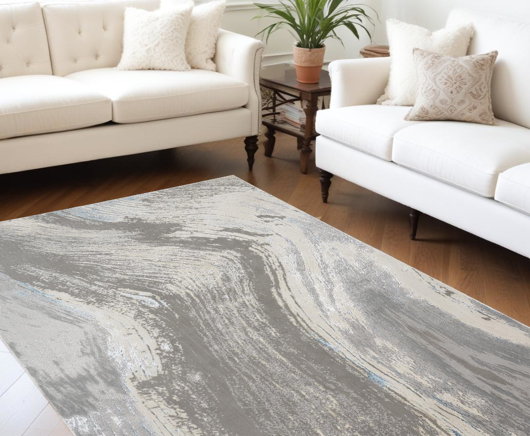 10" X 13" Blue and Gray Abstract Power Loom Area Rug