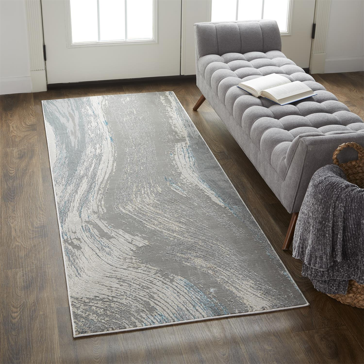 8" Blue and Gray Abstract Power Loom Runner Rug
