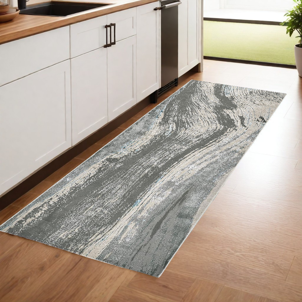 8" Blue and Gray Abstract Power Loom Runner Rug