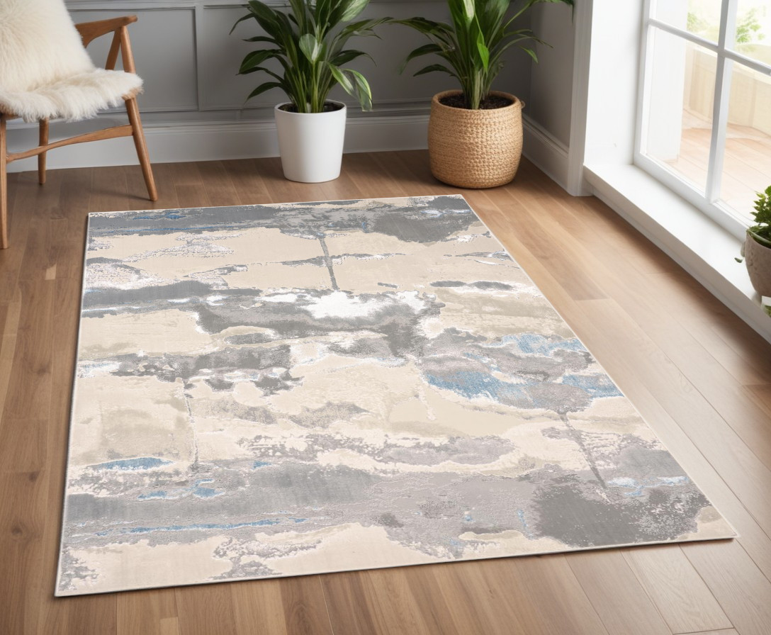 4" X 6" Gray and Ivory Abstract Non Skid Area Rug