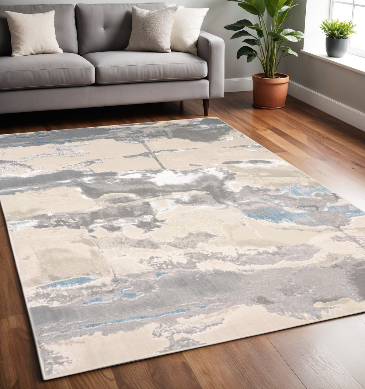5" X 8" Gray and Ivory Abstract Non Skid Area Rug
