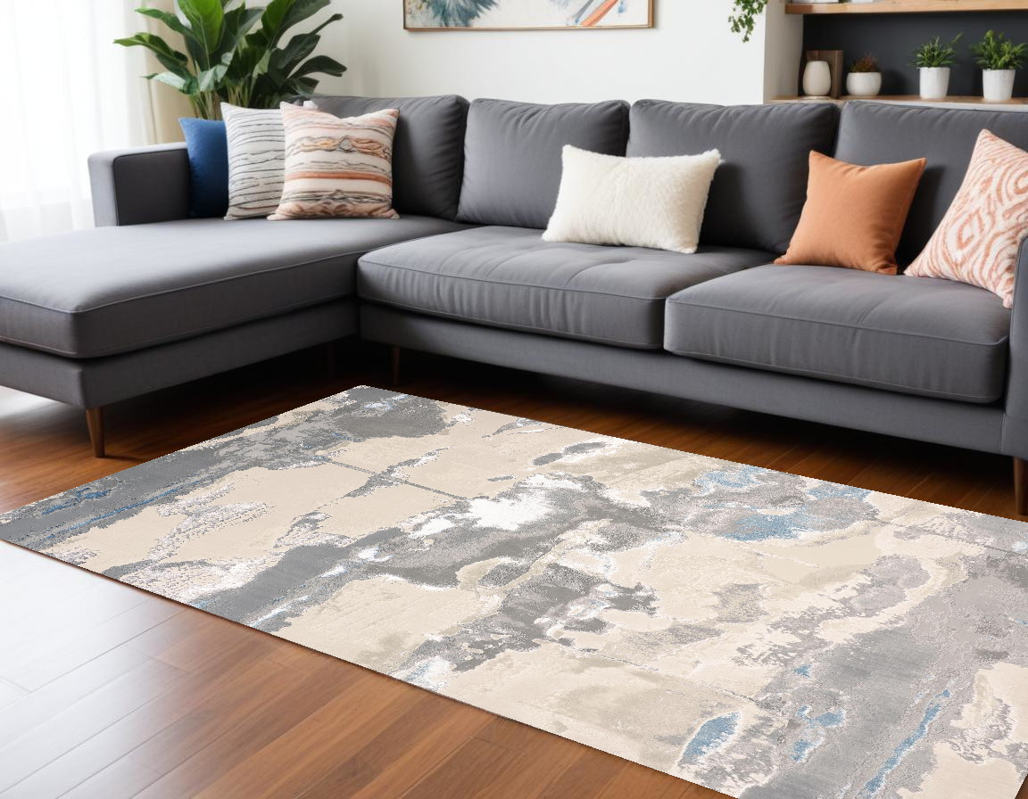 10" X 13" Ivory Gray And Blue Abstract Stain Resistant Area Rug