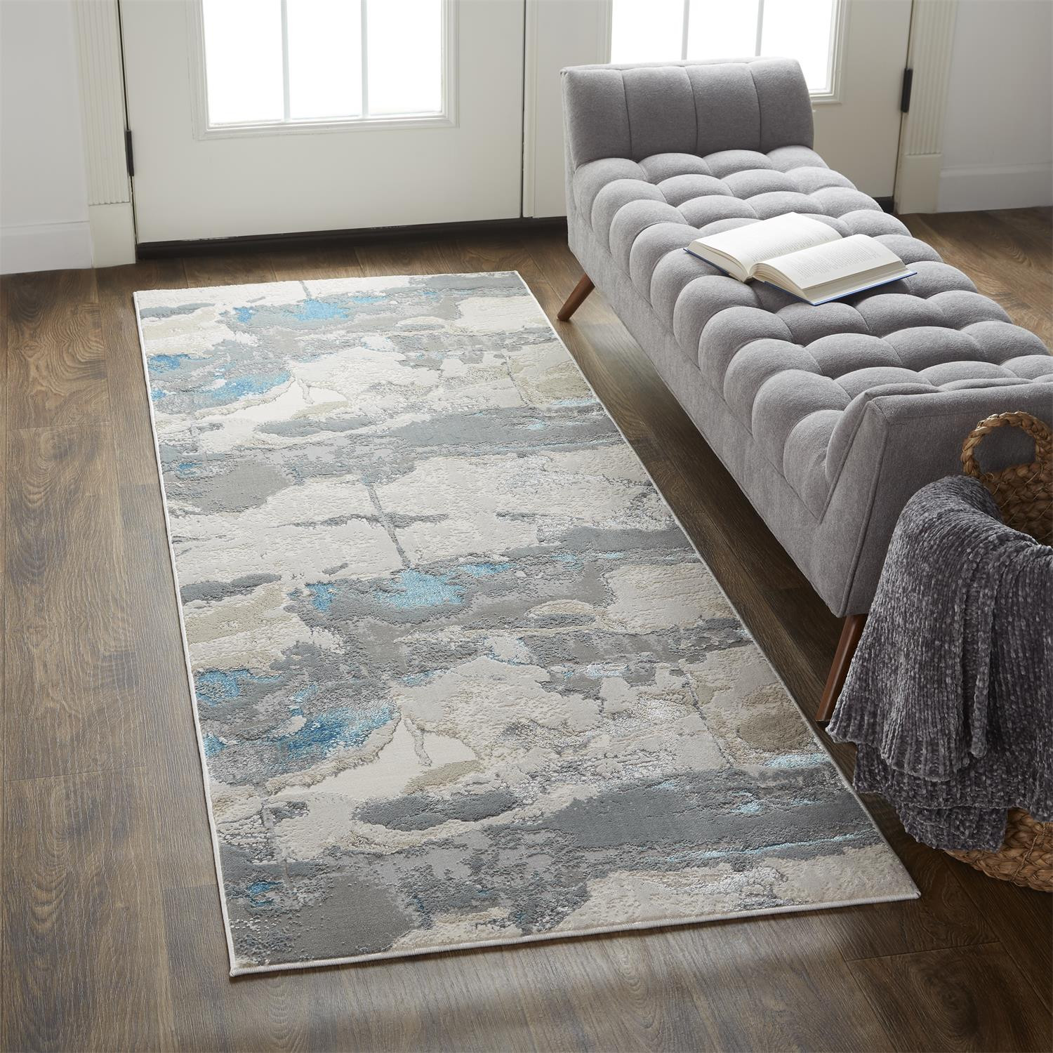8" Blue and Gray Abstract Power Loom Runner Rug