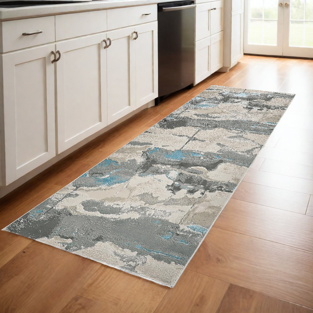 8" Blue and Gray Abstract Power Loom Runner Rug