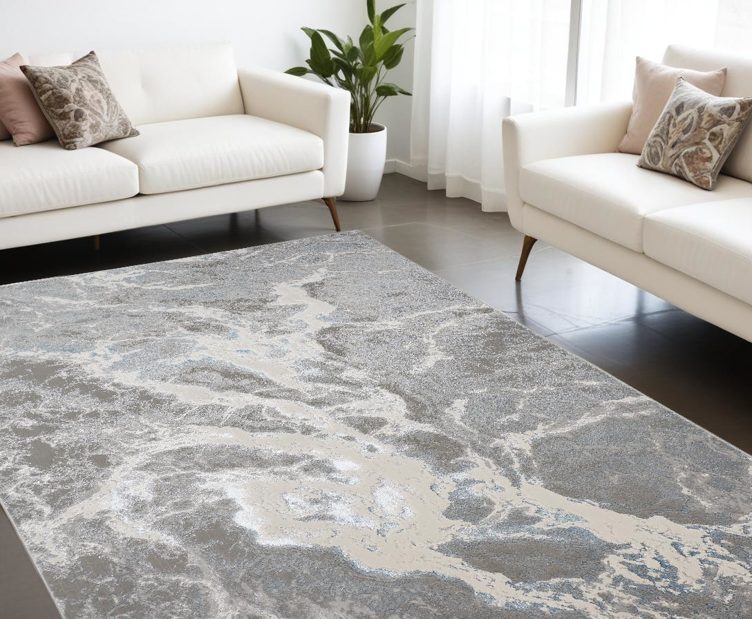 9" X 12" Gray and Ivory Abstract Power Loom Area Rug