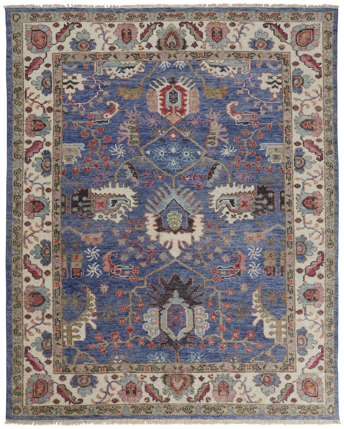 5' X 8' Blue And Red Wool Floral Hand Knotted Stain Resistant Area Rug-513087-1