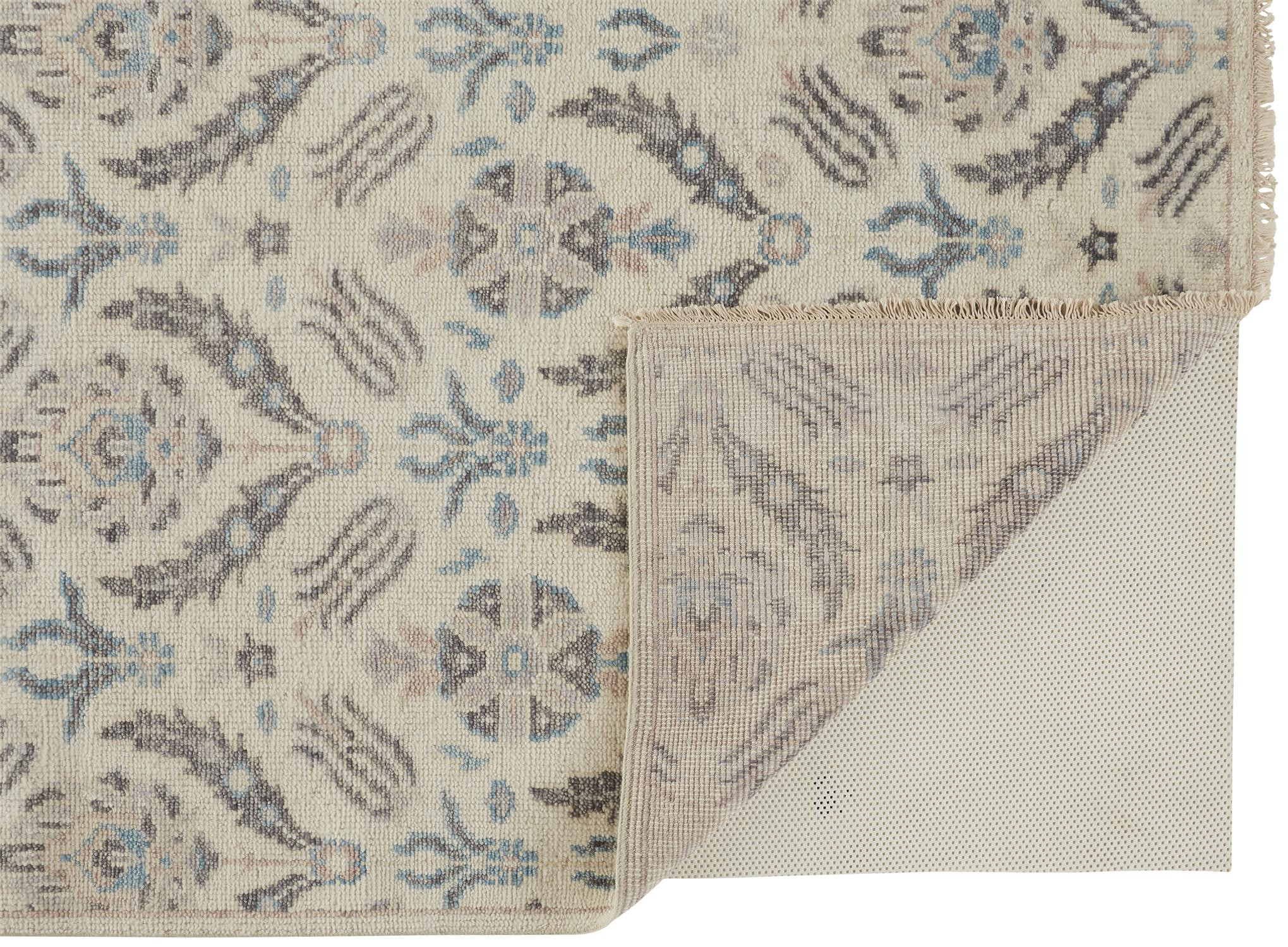 5' X 8' Ivory Gray And Blue Wool Floral Hand Knotted Stain Resistant Area Rug-513095-1