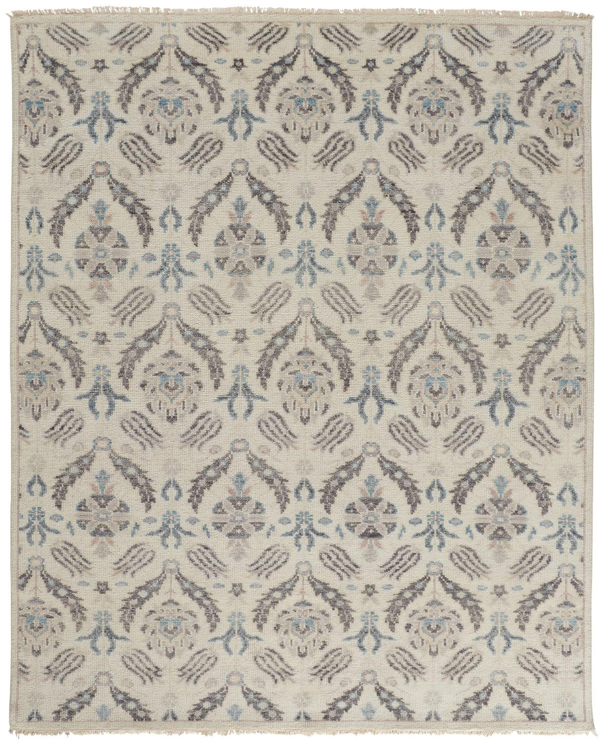 9' X 12' Ivory Gray And Blue Wool Floral Hand Knotted Stain Resistant Area Rug-513097-1