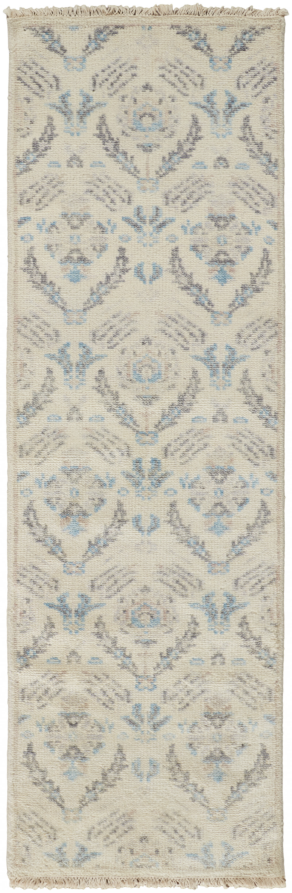 8' Ivory Gray And Blue Wool Floral Hand Knotted Stain Resistant Runner Rug-513099-1