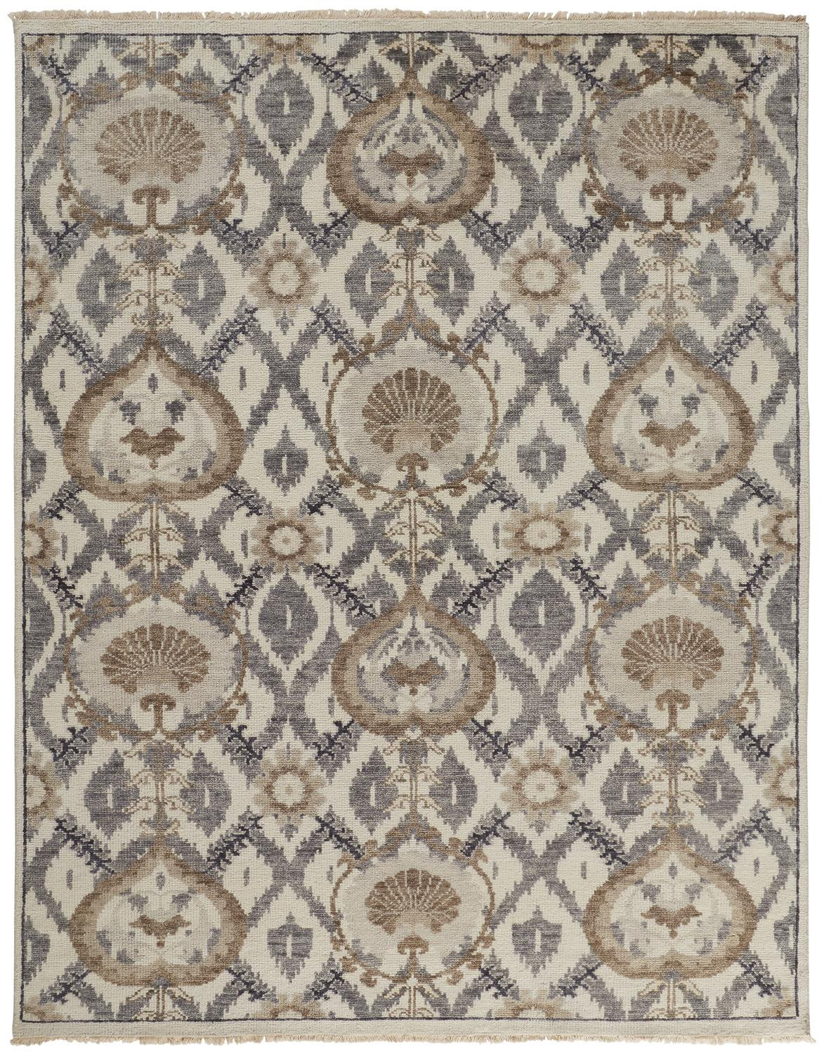 5' X 8' Ivory Gray And Taupe Wool Floral Hand Knotted Stain Resistant Area Rug-513103-1