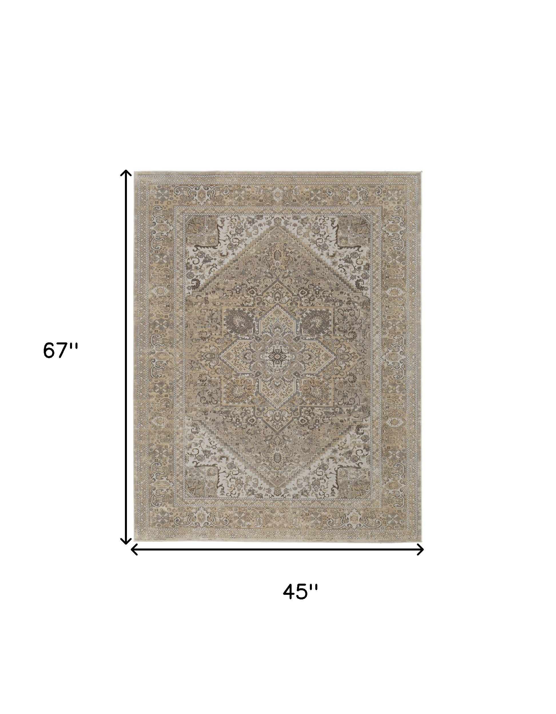 4" X 6" Brown and Ivory Floral Power Loom Distressed Non Skid Area Rug