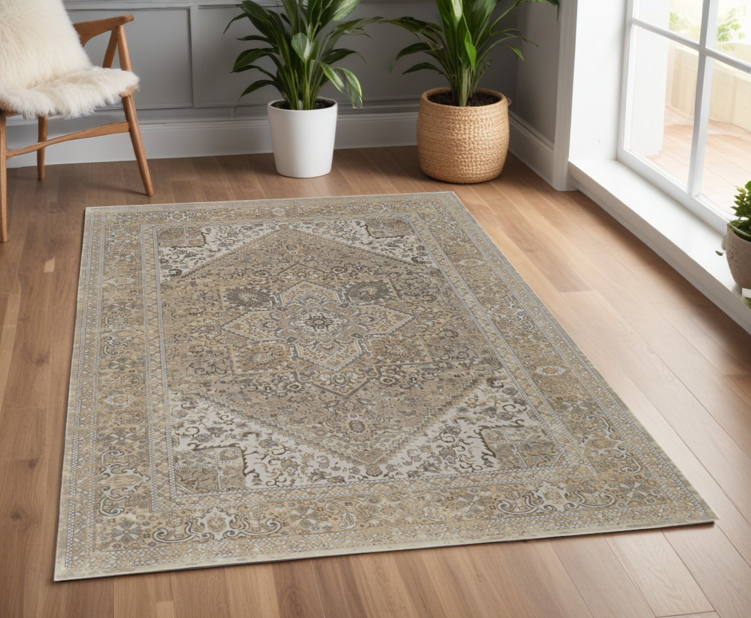 4" X 6" Brown and Ivory Floral Power Loom Distressed Non Skid Area Rug