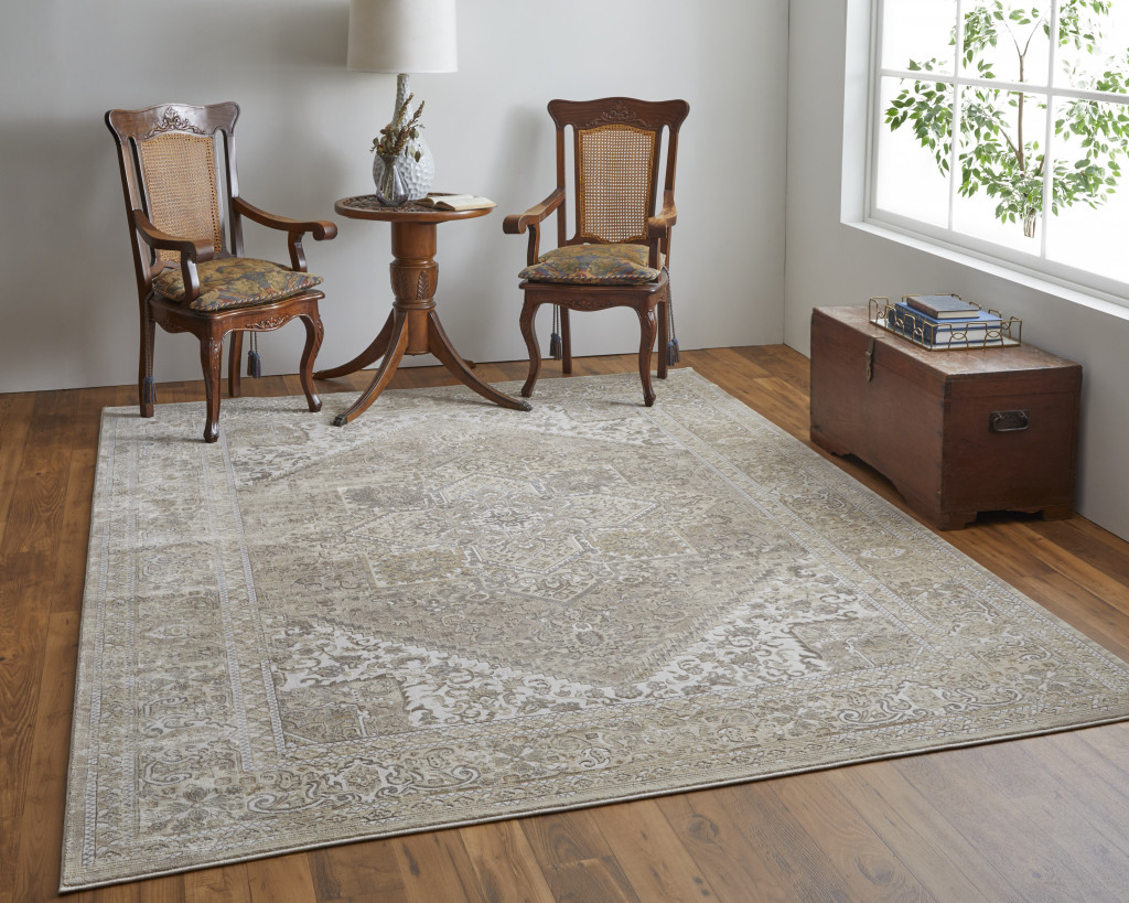 4" X 6" Brown and Ivory Floral Power Loom Distressed Non Skid Area Rug