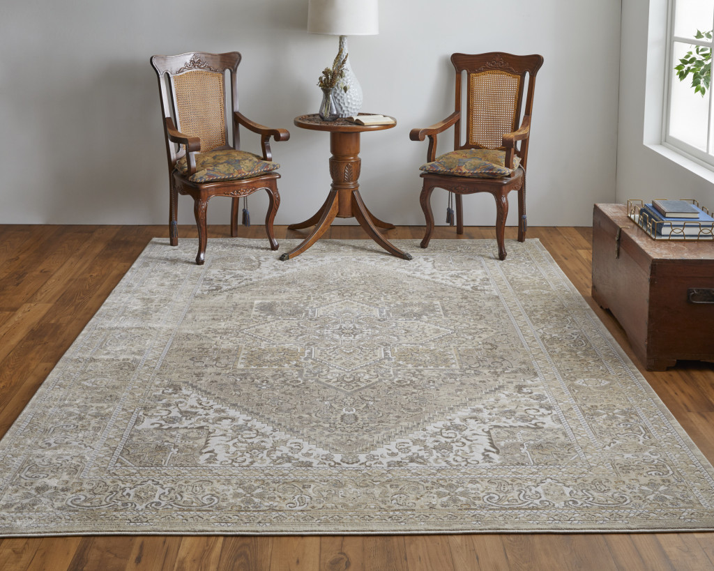 4" X 6" Brown and Ivory Floral Power Loom Distressed Non Skid Area Rug
