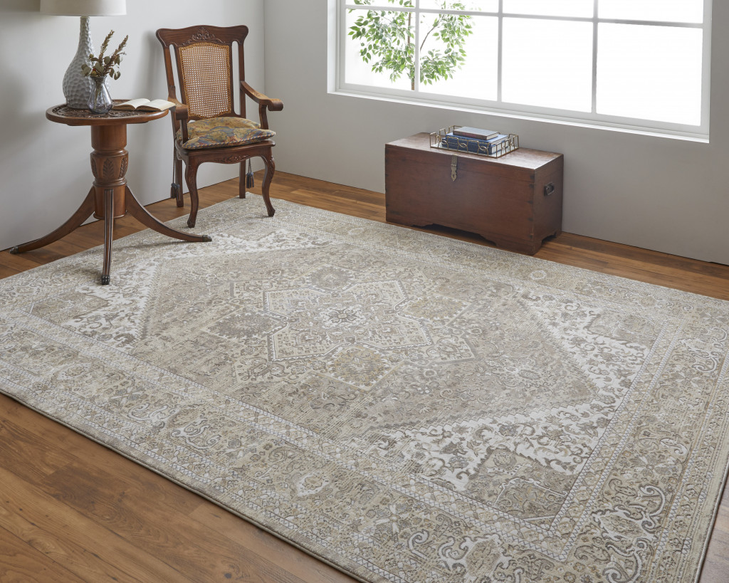 4" X 6" Brown and Ivory Floral Power Loom Distressed Non Skid Area Rug