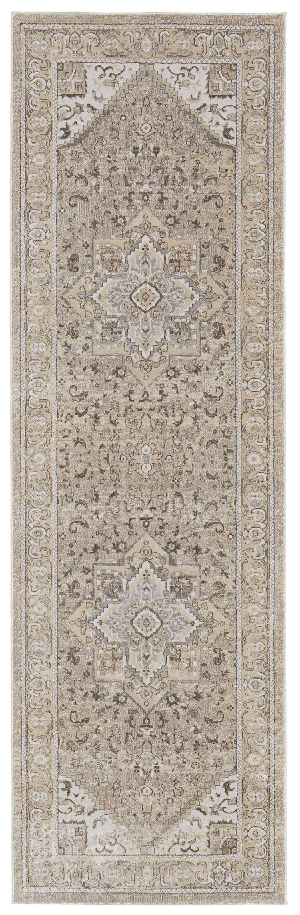 8" Brown and Ivory Medallion Power Loom Distressed Runner Rug