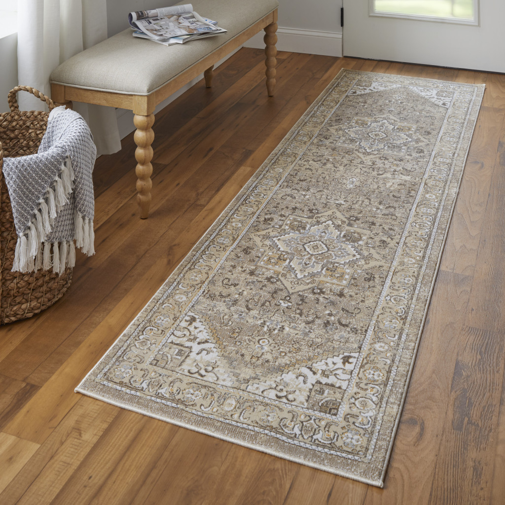 8" Brown and Ivory Medallion Power Loom Distressed Runner Rug