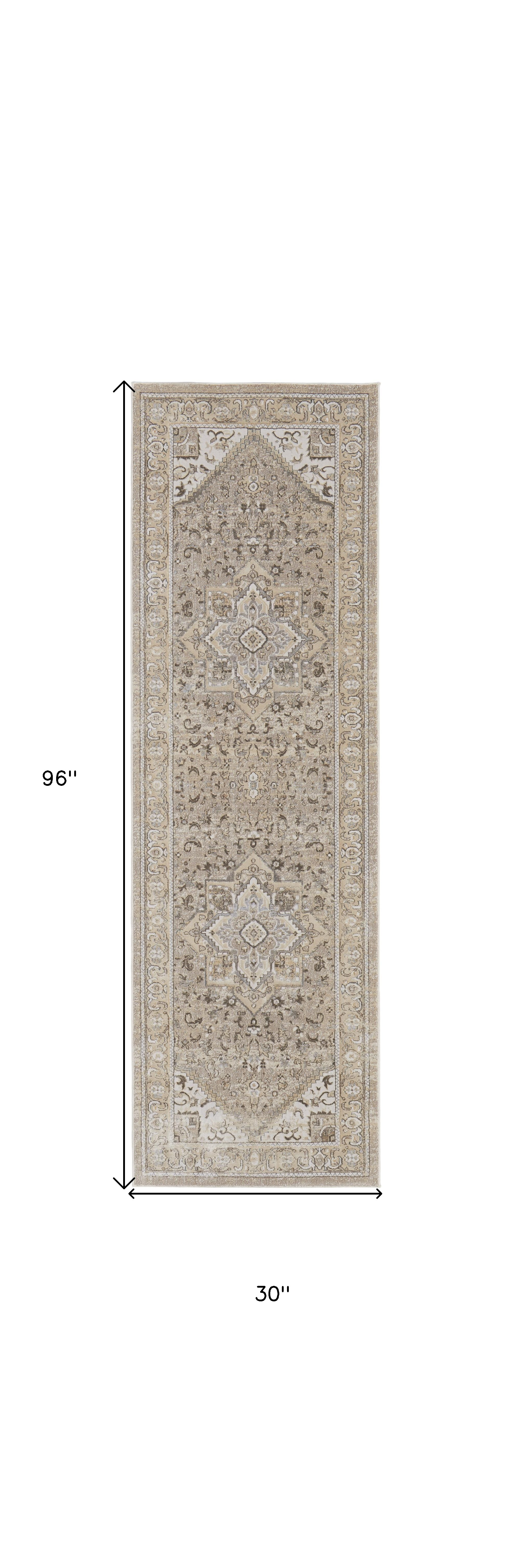8" Brown and Ivory Medallion Power Loom Distressed Runner Rug