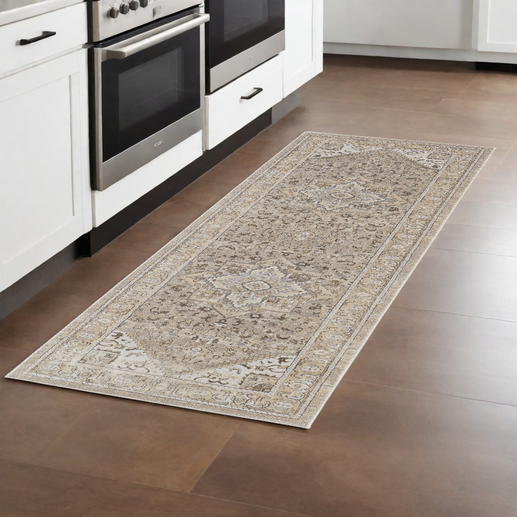 8" Brown and Ivory Medallion Power Loom Distressed Runner Rug