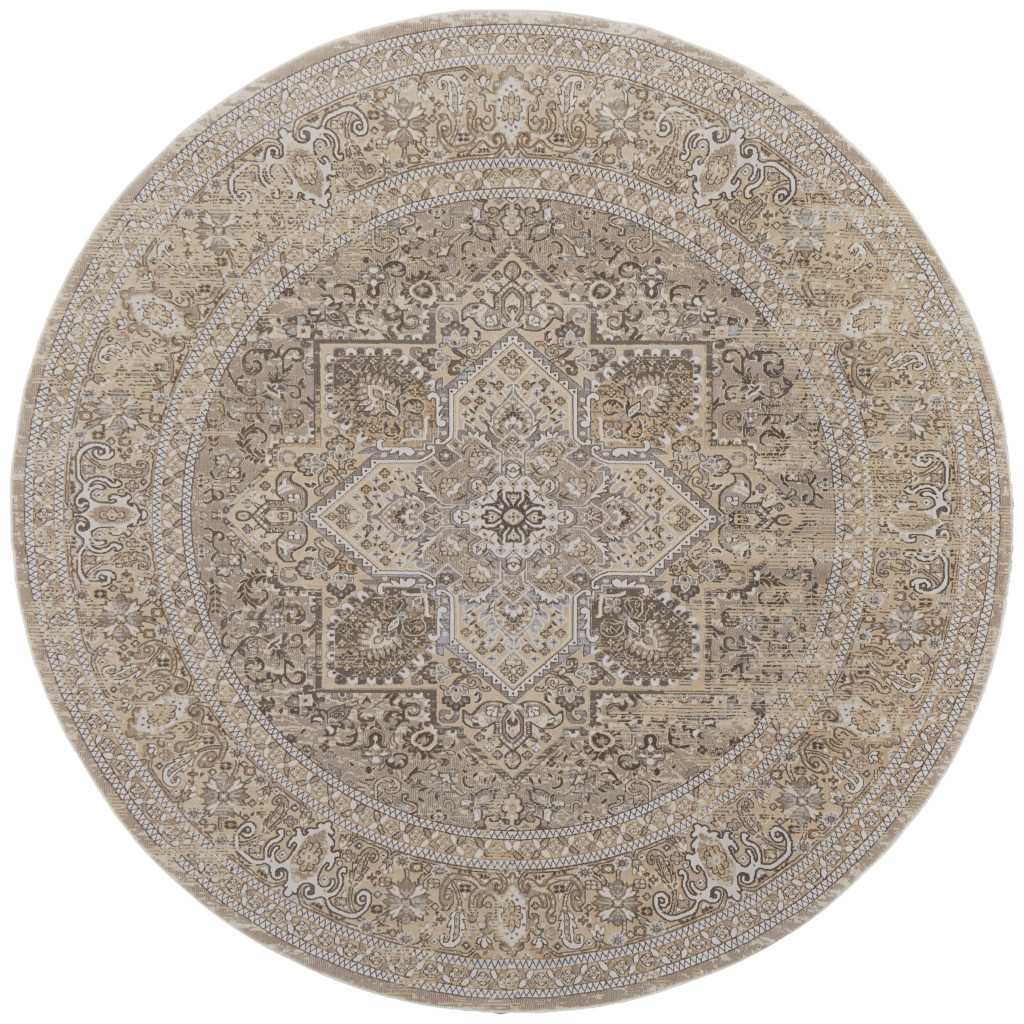 8" Brown and Ivory Round Medallion Power Loom Distressed Area Rug