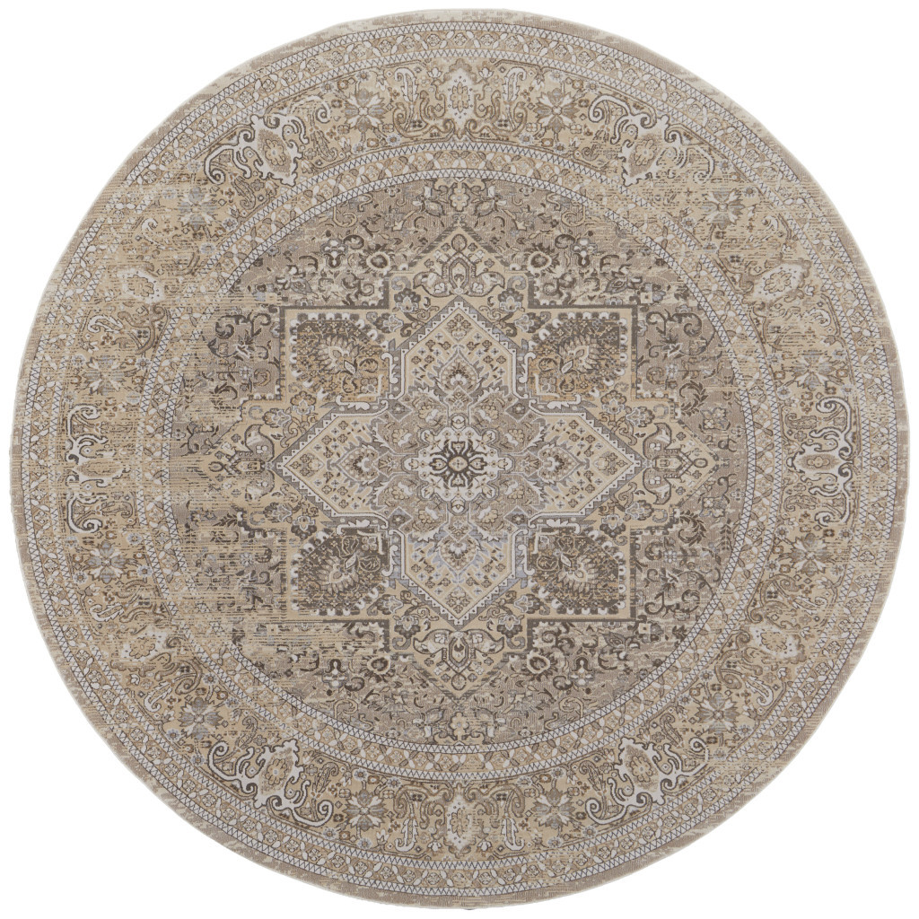 8" Brown and Ivory Round Medallion Power Loom Distressed Area Rug