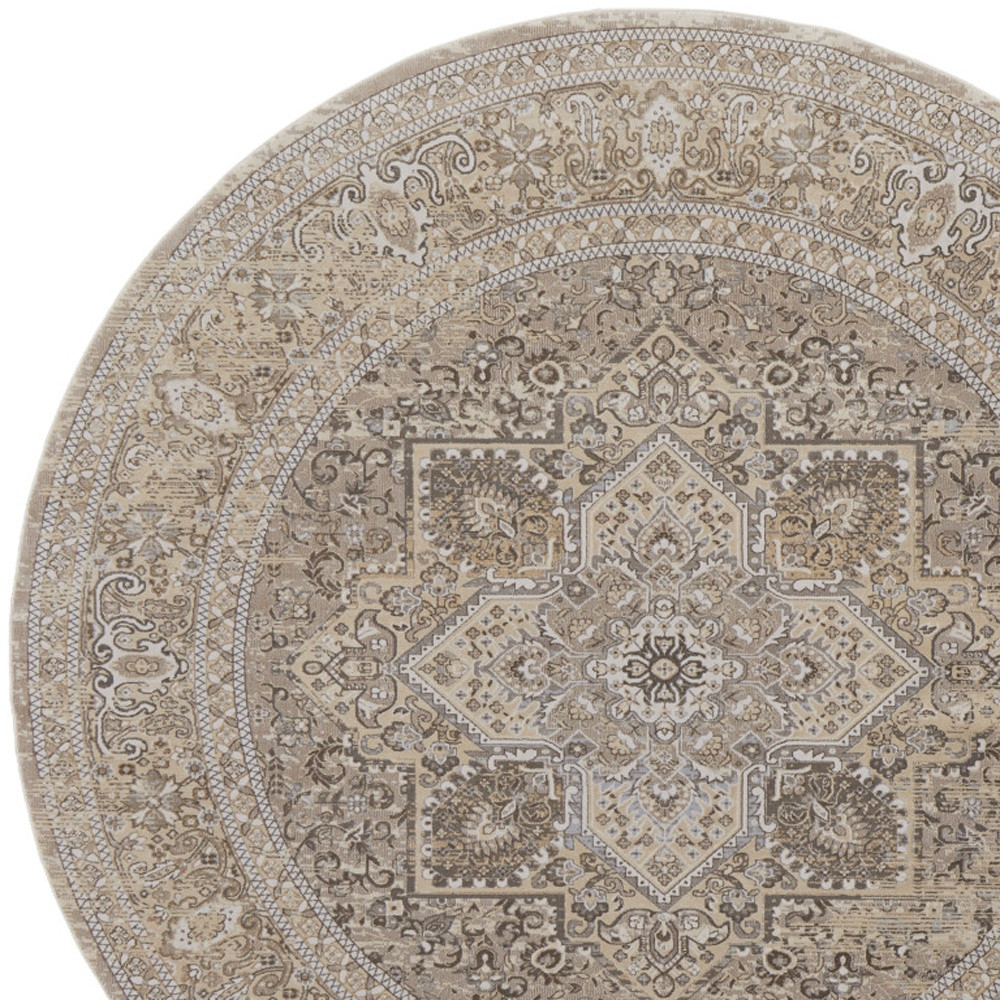 8" Brown and Ivory Round Medallion Power Loom Distressed Area Rug