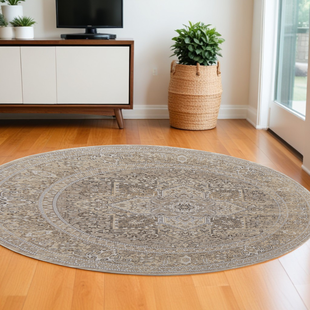 8" Brown and Ivory Round Medallion Power Loom Distressed Area Rug