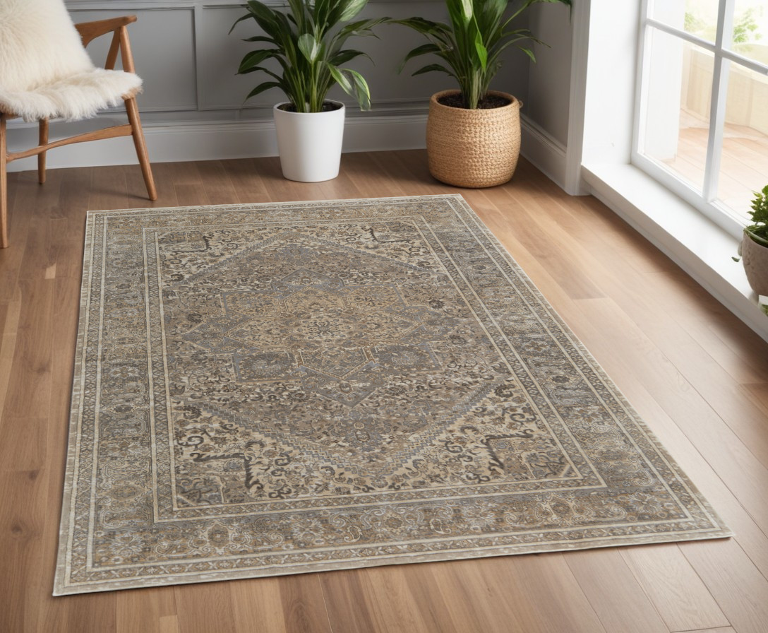 4" X 6" Tan and Brown Floral Power Loom Distressed Non Skid Area Rug