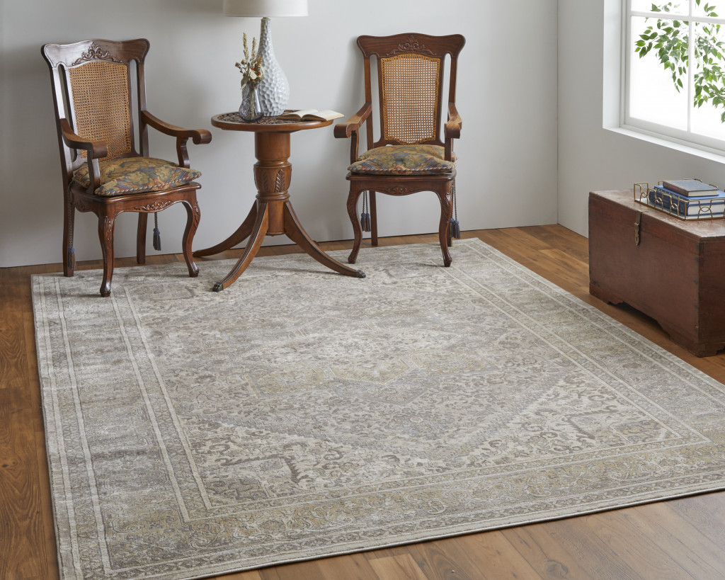 4" X 6" Tan and Brown Floral Power Loom Distressed Non Skid Area Rug