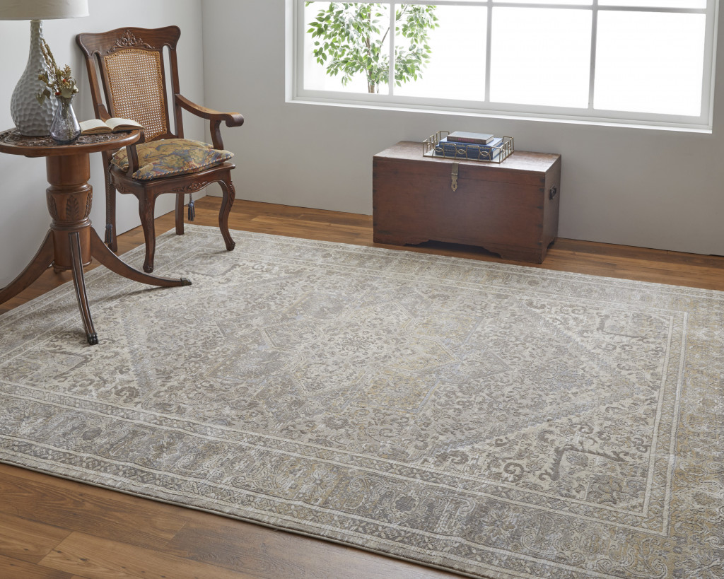 4" X 6" Tan and Brown Floral Power Loom Distressed Non Skid Area Rug