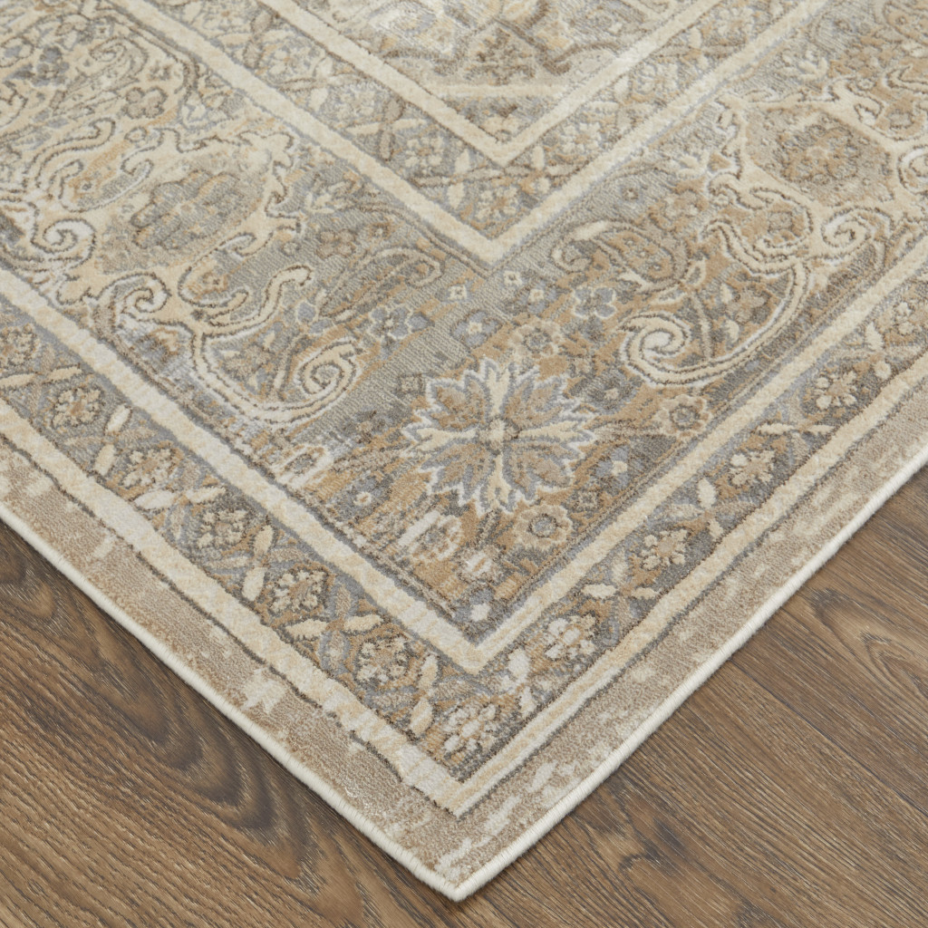 4" X 6" Tan and Brown Floral Power Loom Distressed Non Skid Area Rug