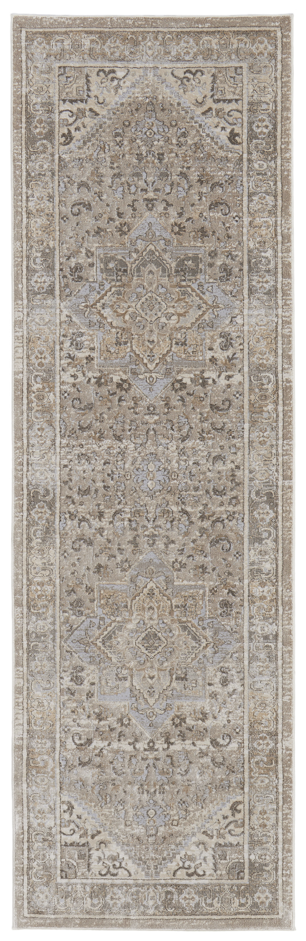 8" Brown and Ivory Medallion Power Loom Distressed Runner Rug