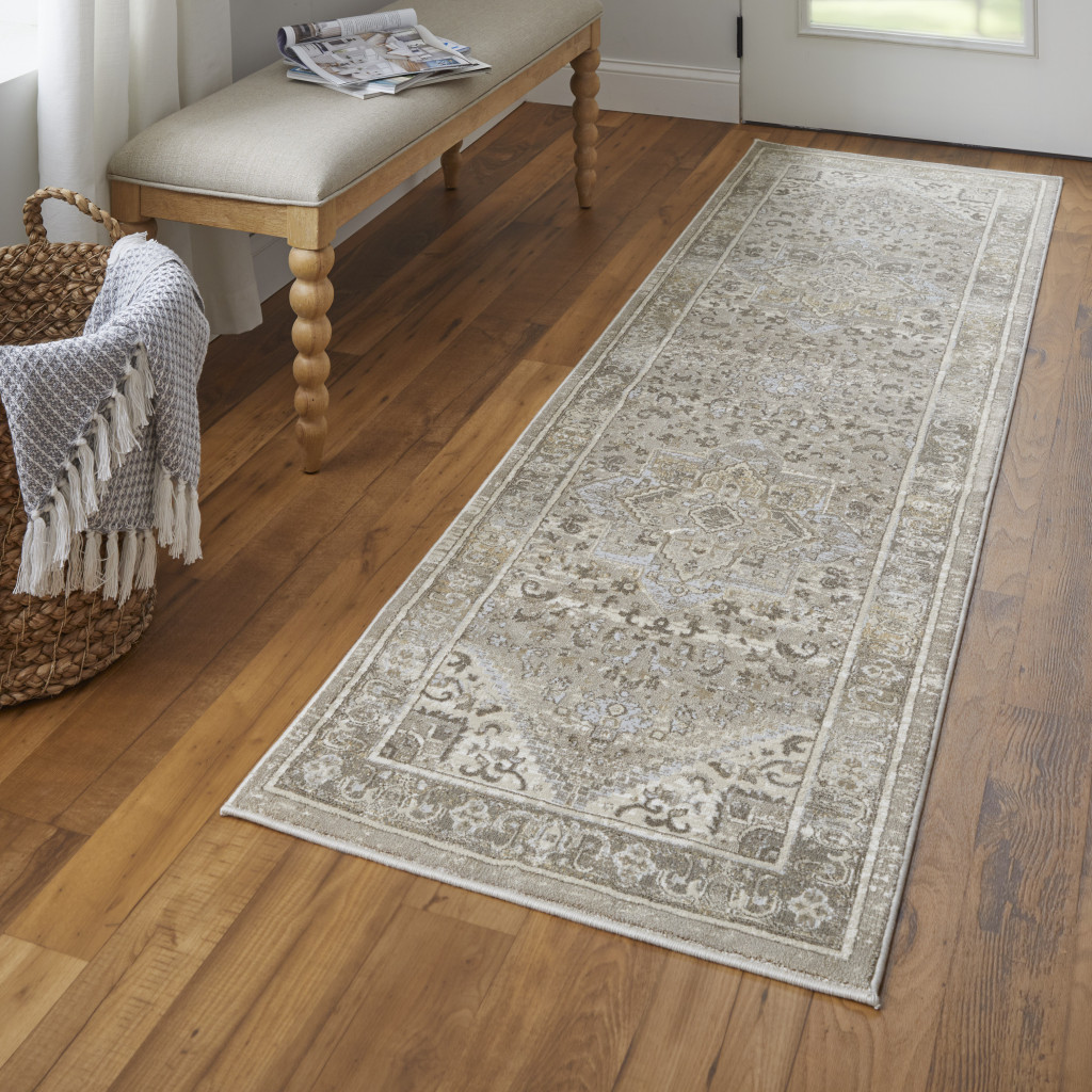 8" Brown and Ivory Medallion Power Loom Distressed Runner Rug