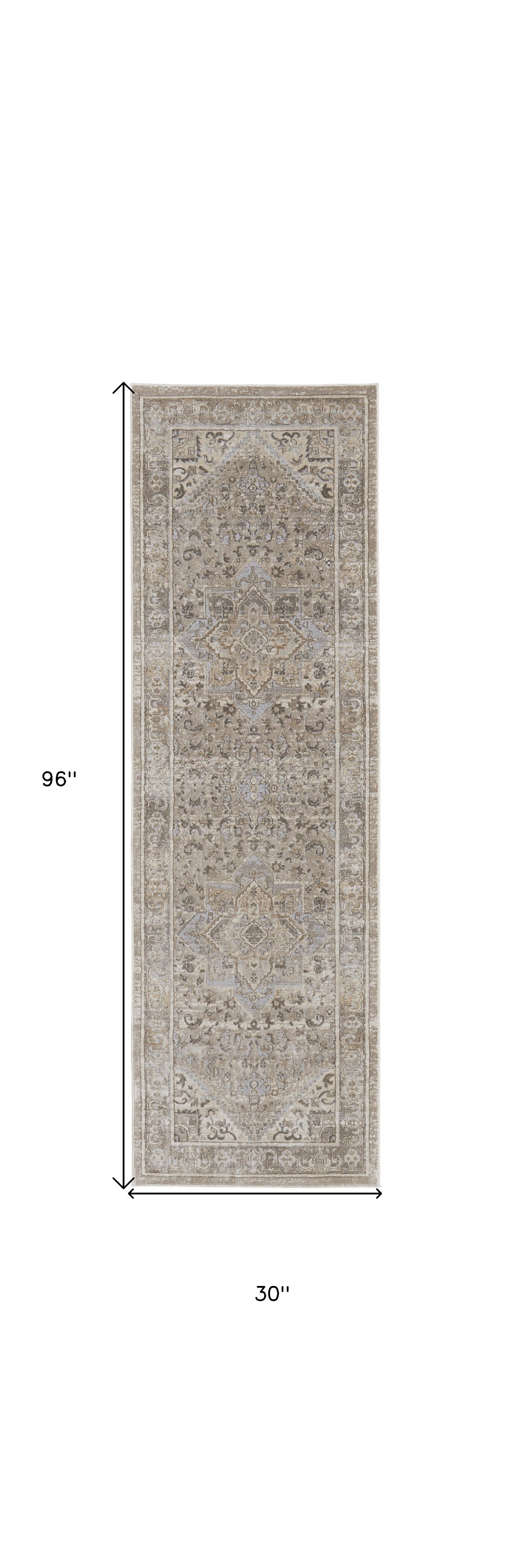 8" Brown and Ivory Medallion Power Loom Distressed Runner Rug