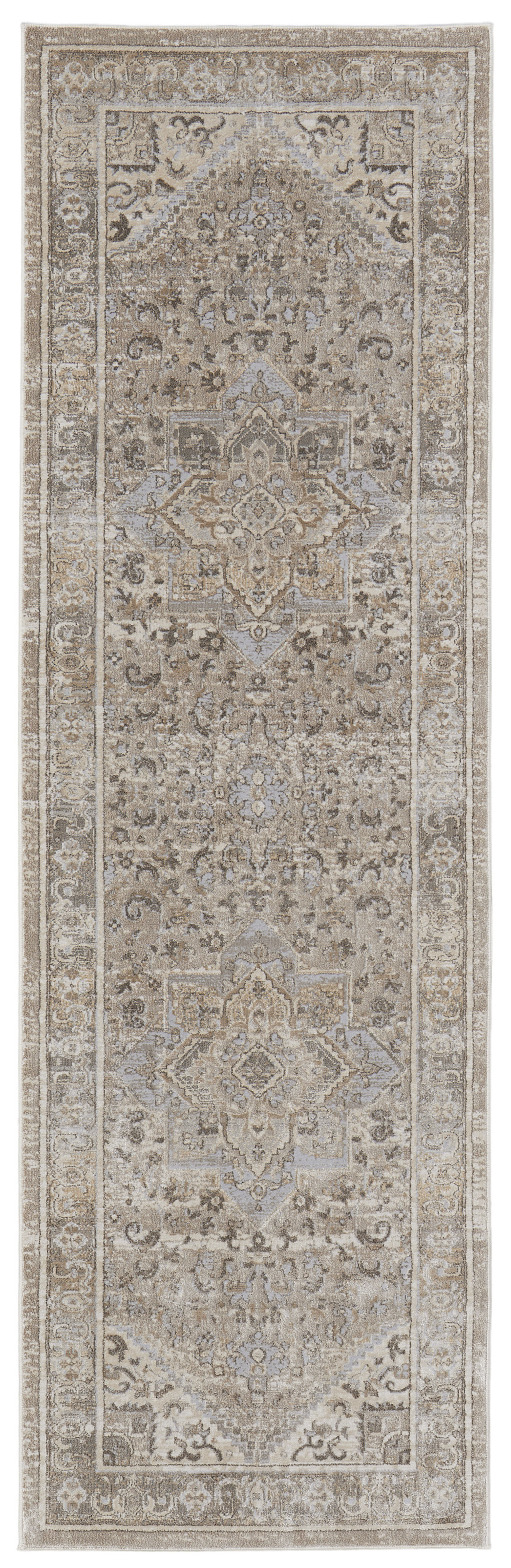 8" Brown and Ivory Medallion Power Loom Distressed Runner Rug
