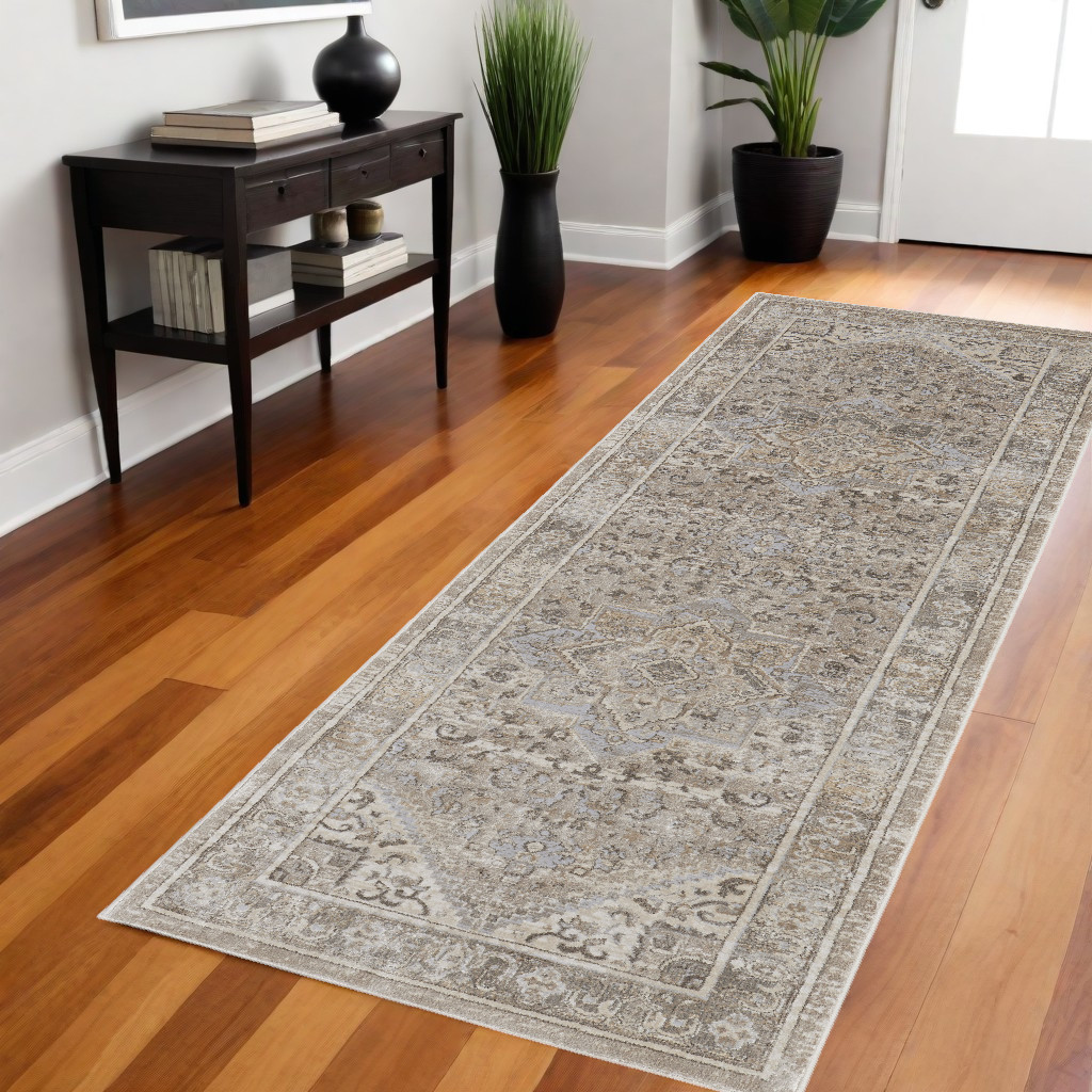 8" Brown and Ivory Medallion Power Loom Distressed Runner Rug