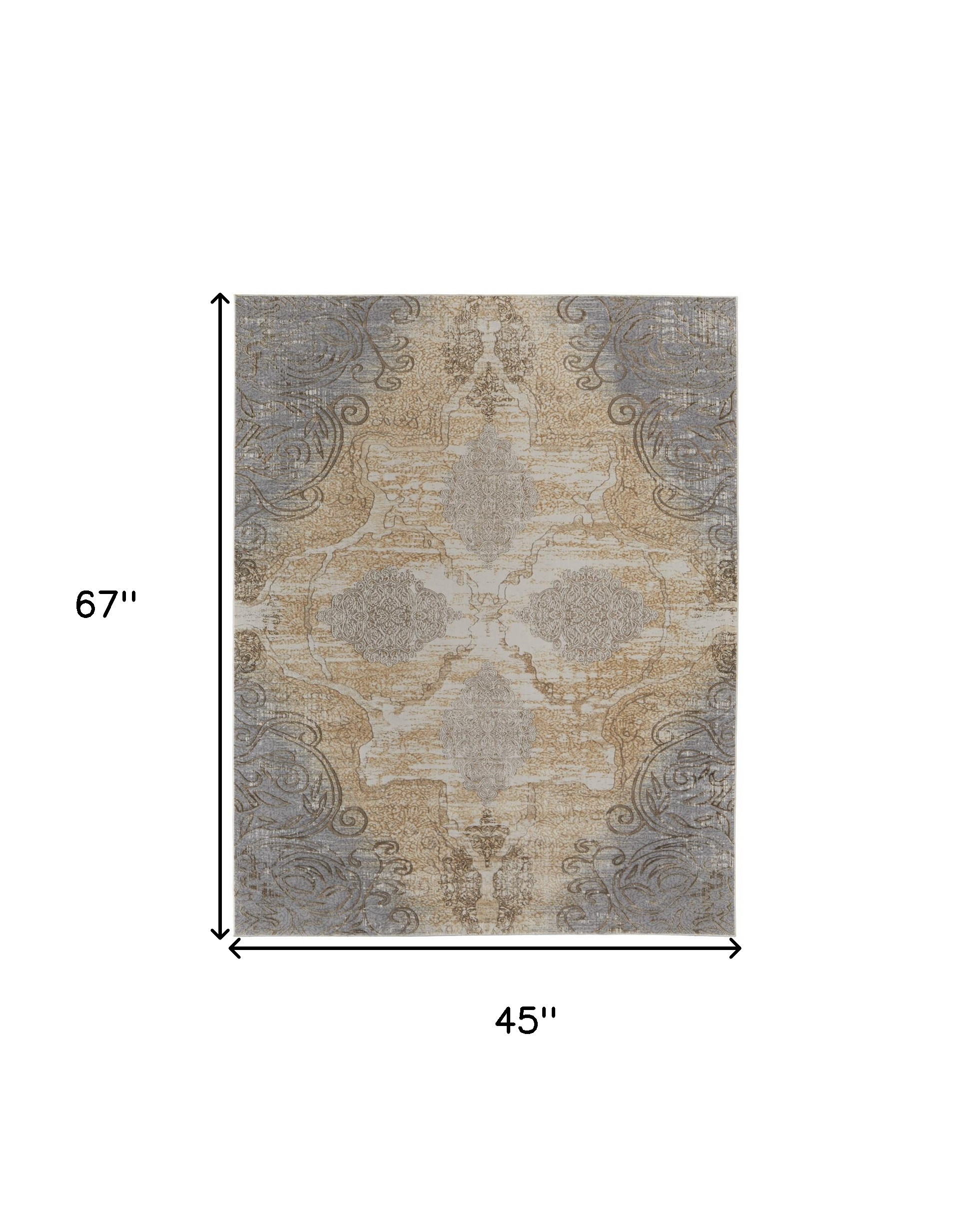 4" X 6" Tan and Gray Floral Power Loom Non Skid Area Rug