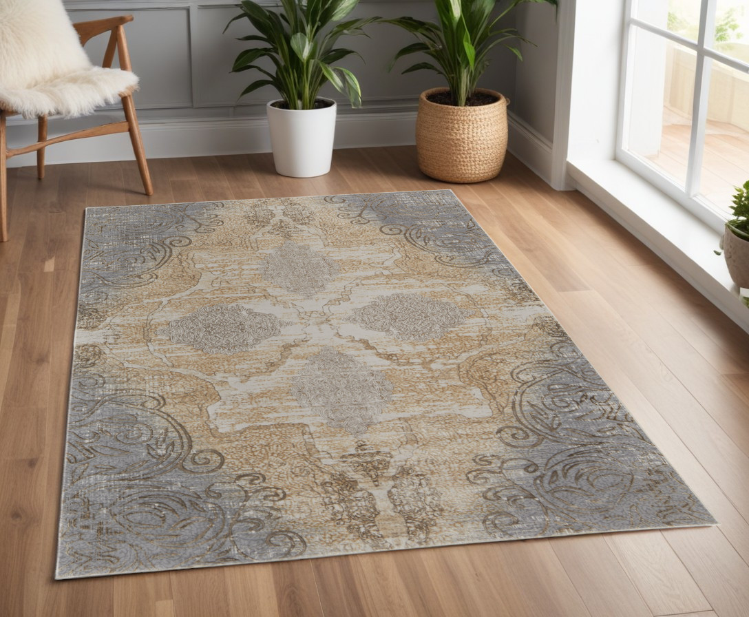4" X 6" Tan and Gray Floral Power Loom Non Skid Area Rug