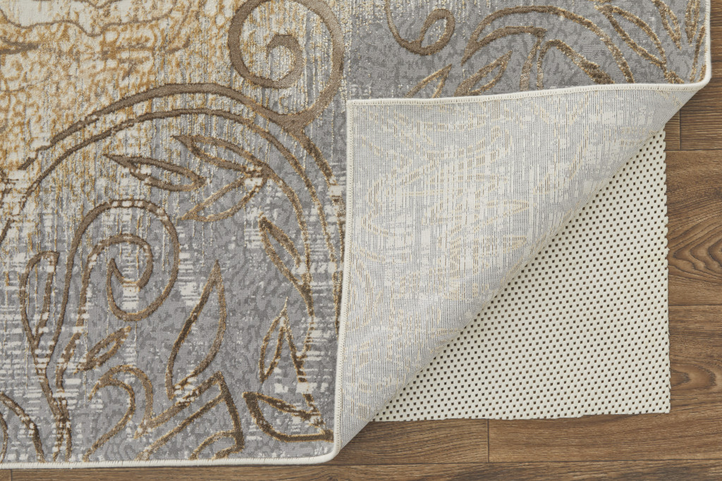 4" X 6" Tan and Gray Floral Power Loom Non Skid Area Rug