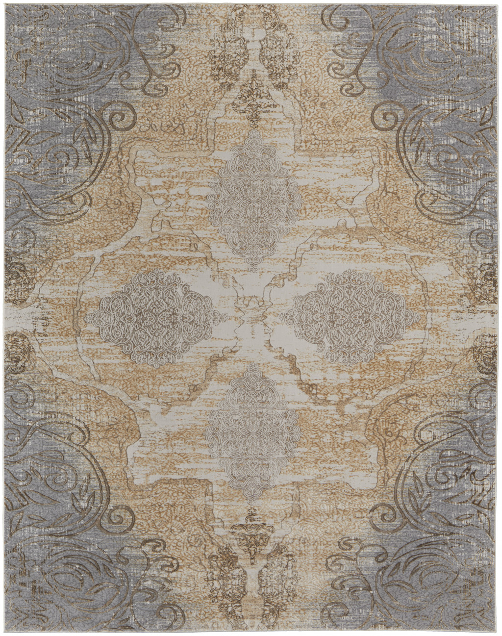8" X 10" Silver Tan And Gray Floral Power Loom Area Rug