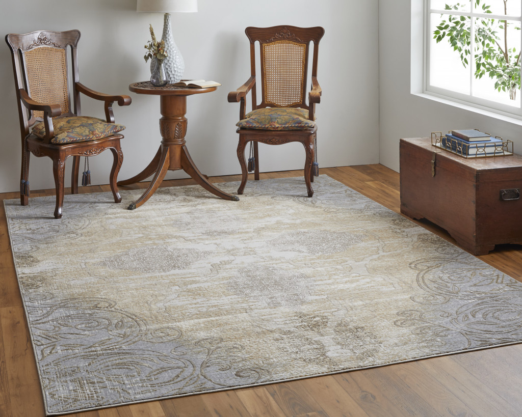 8" X 10" Silver Tan And Gray Floral Power Loom Area Rug