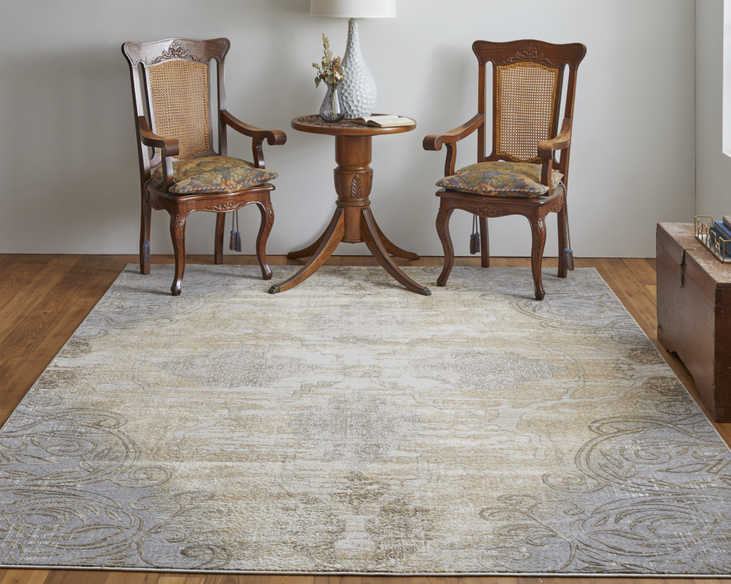 8" X 10" Silver Tan And Gray Floral Power Loom Area Rug