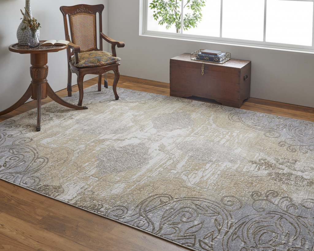 8" X 10" Silver Tan And Gray Floral Power Loom Area Rug