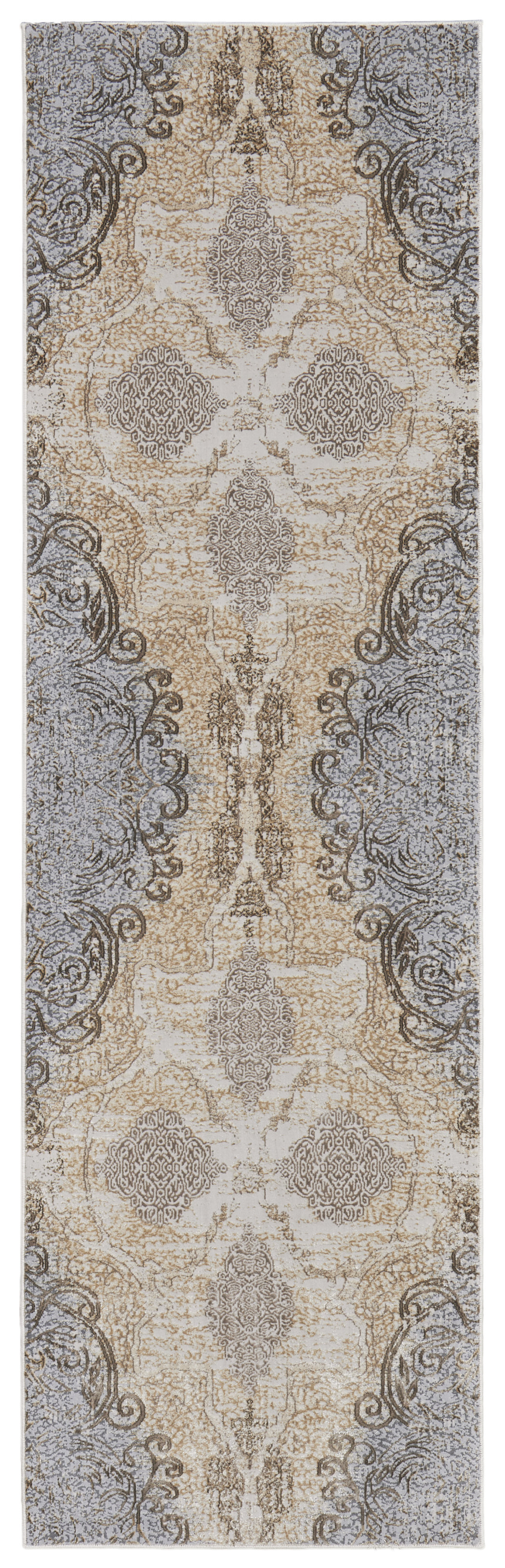 8" Gray and Brown Medallion Power Loom Distressed Runner Rug