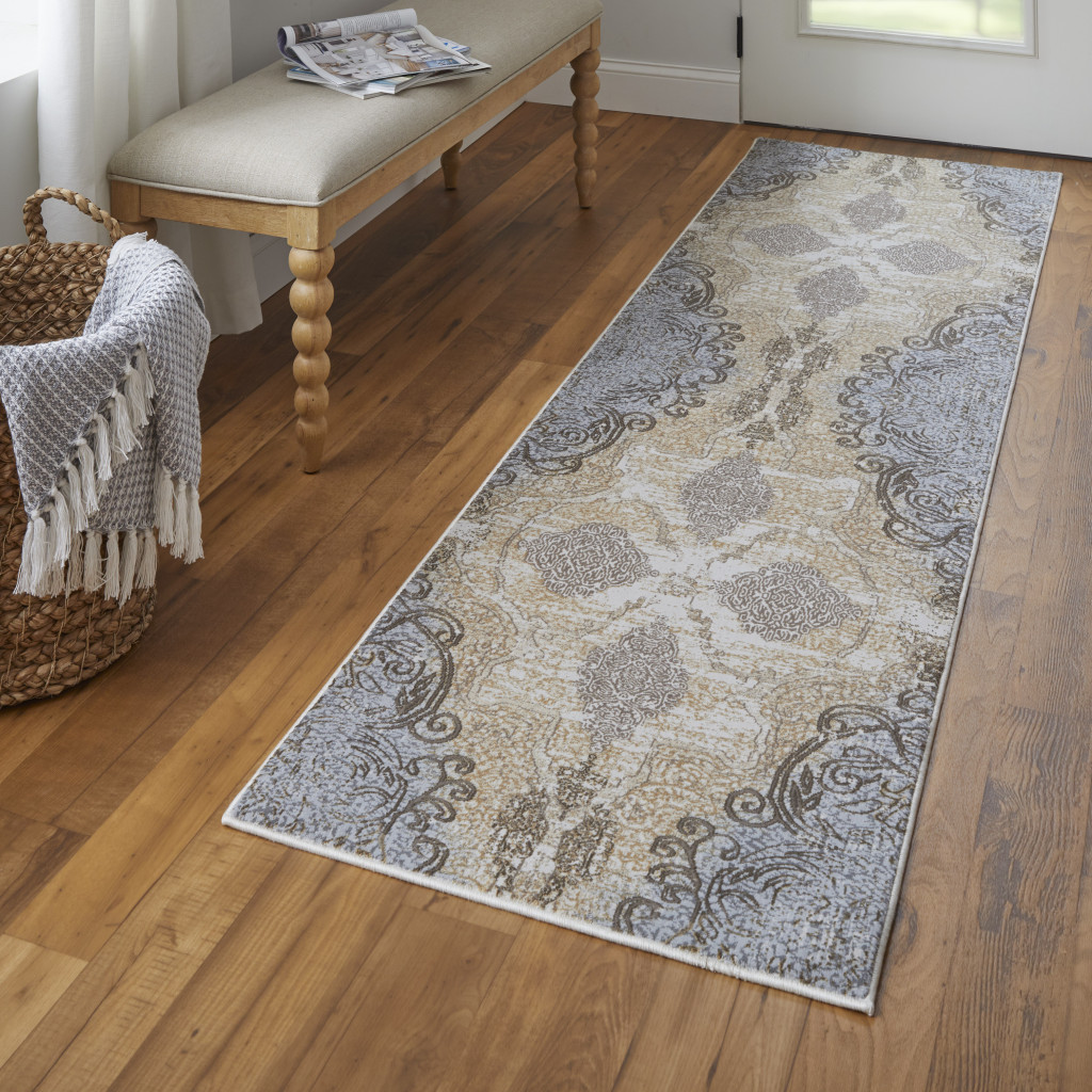 8" Gray and Brown Medallion Power Loom Distressed Runner Rug