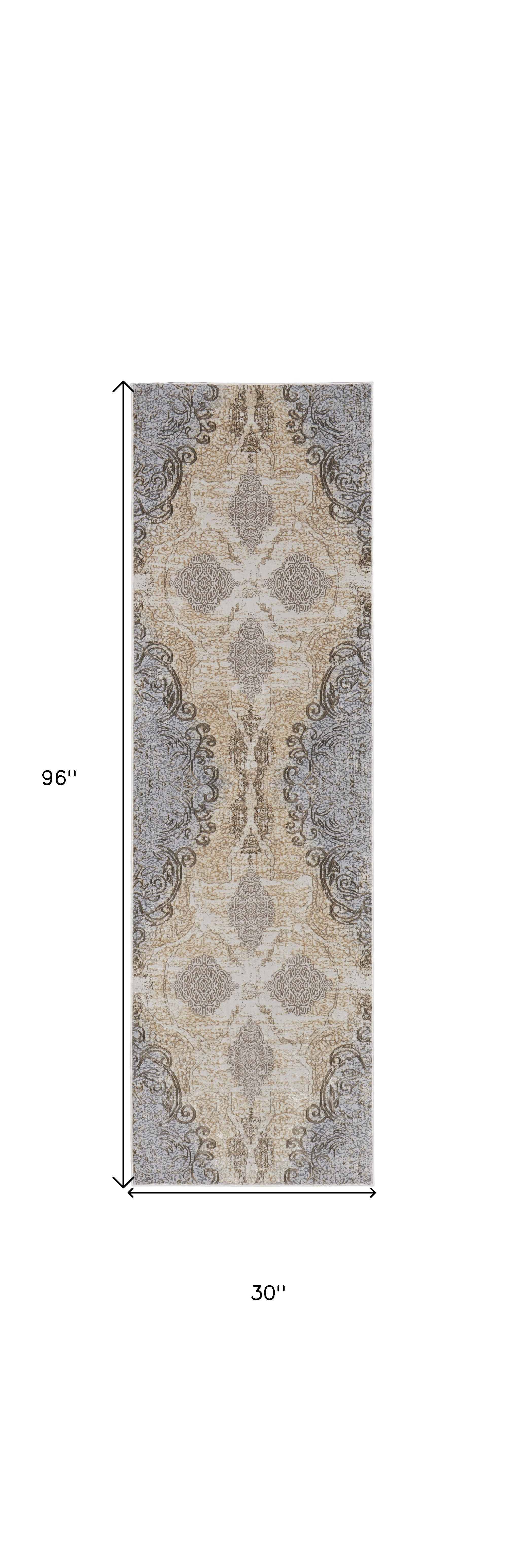 8" Gray and Brown Medallion Power Loom Distressed Runner Rug