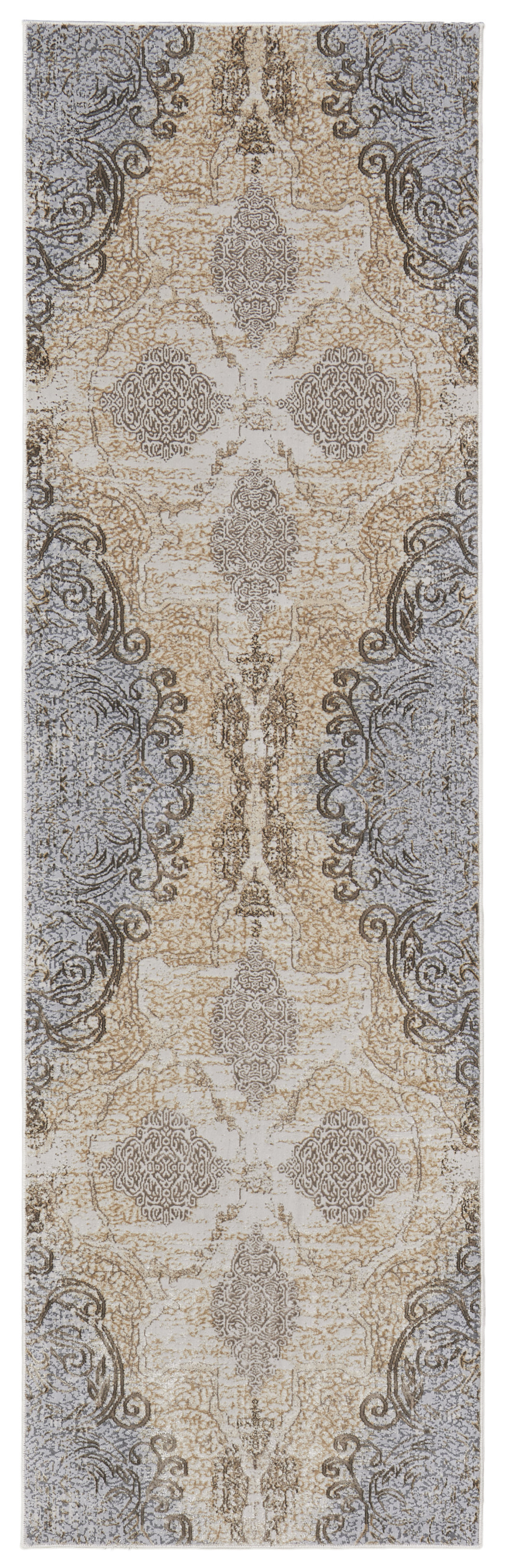 8" Gray and Brown Medallion Power Loom Distressed Runner Rug