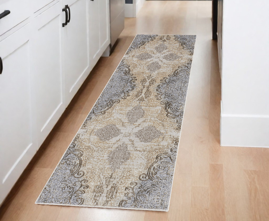8" Gray and Brown Medallion Power Loom Distressed Runner Rug