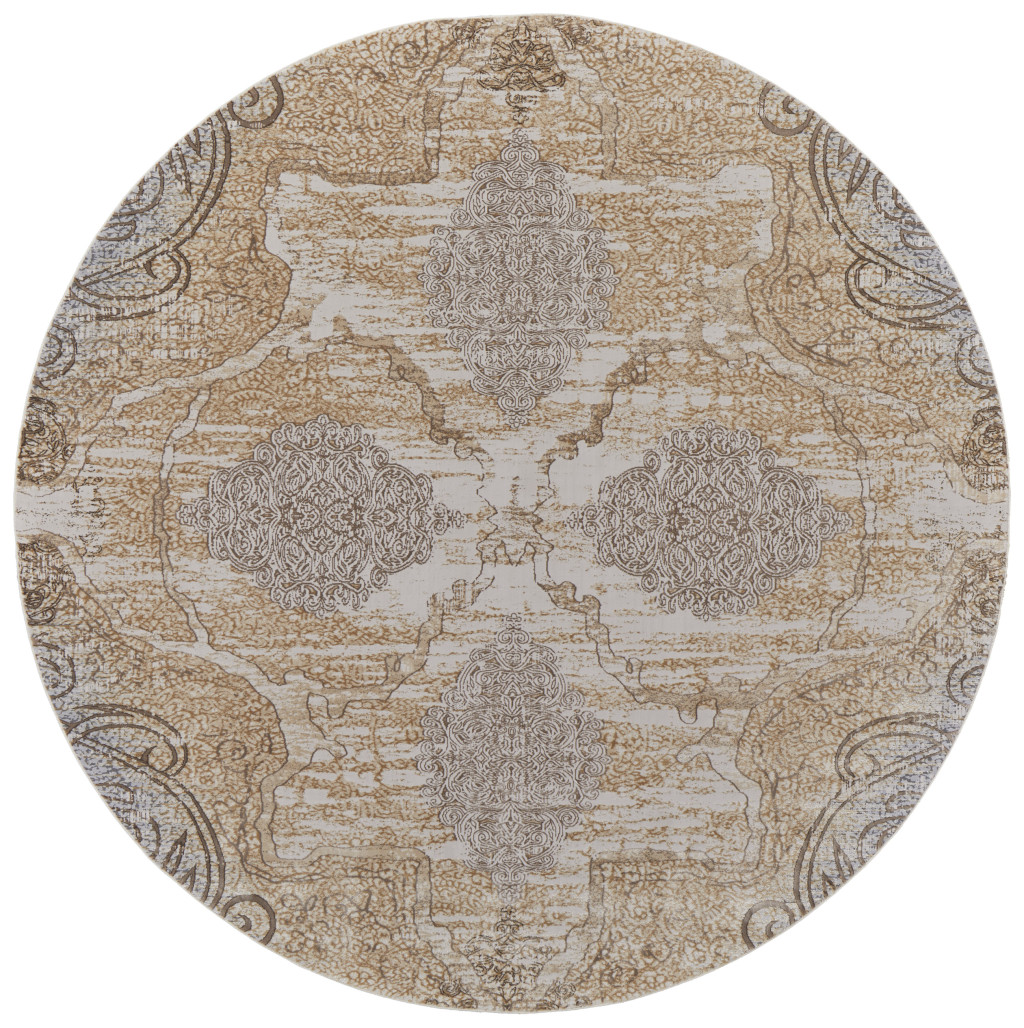 8" Gray and Brown Round Medallion Power Loom Distressed Area Rug