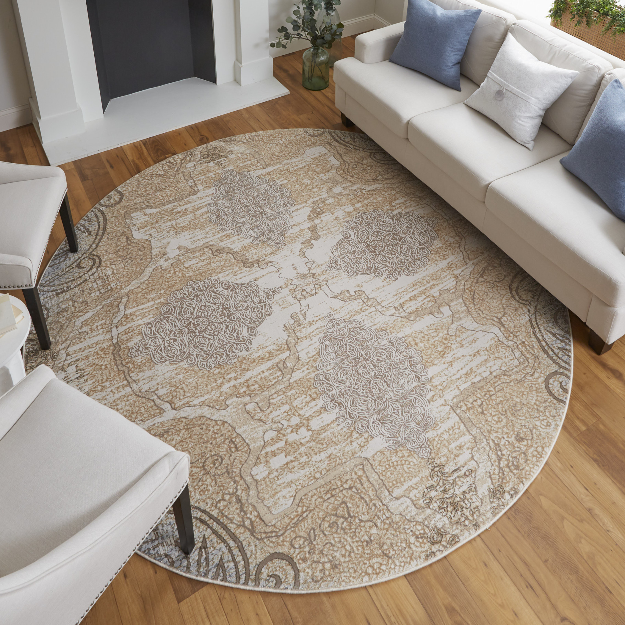 8" Gray and Brown Round Medallion Power Loom Distressed Area Rug